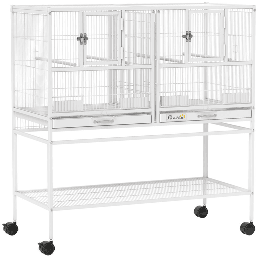 PawHut Gaiola para Pássaros Grande com Divisor Pássaro Doble com Rodas 4 Comedouros 4 Poleiros Prateleira 2 Bandejas Removíveis para Periquitos Agapornis Canários 95x45,5x102 cm Branco
