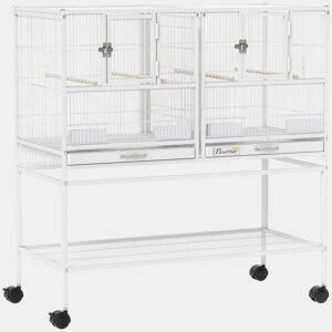PawHut Gaiola para Pássaros Grande com Divisor Pássaro Doble com Rodas 4 Comedouros 4 Poleiros Prateleira 2 Bandejas Removíveis para Periquitos Agapornis Canários 95x45,5x102 cm Branco