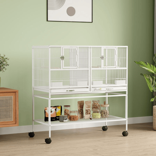 PawHut Gaiola para Pássaros Grande com Divisor Pássaro Doble com Rodas 4 Comedouros 4 Poleiros Prateleira 2 Bandejas Removíveis para Periquitos Agapornis Canários 95x45,5x102 cm Branco
