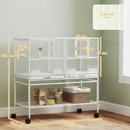 PawHut Gaiola para Pássaros Grande com Divisor Pássaro Doble com Rodas 4 Comedouros 4 Poleiros Prateleira 2 Bandejas Removíveis para Periquitos Agapornis Canários 95x45,5x102 cm Branco