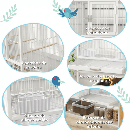 PawHut Gaiola para Pássaros Grande com Divisor Pássaro Doble com Rodas 4 Comedouros 4 Poleiros Prateleira 2 Bandejas Removíveis para Periquitos Agapornis Canários 95x45,5x102 cm Branco