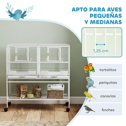 PawHut Gaiola para Pássaros Grande com Divisor Pássaro Doble com Rodas 4 Comedouros 4 Poleiros Prateleira 2 Bandejas Removíveis para Periquitos Agapornis Canários 95x45,5x102 cm Branco