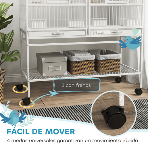 PawHut Gaiola para Pássaros Grande com Divisor Pássaro Doble com Rodas 4 Comedouros 4 Poleiros Prateleira 2 Bandejas Removíveis para Periquitos Agapornis Canários 95x45,5x102 cm Branco