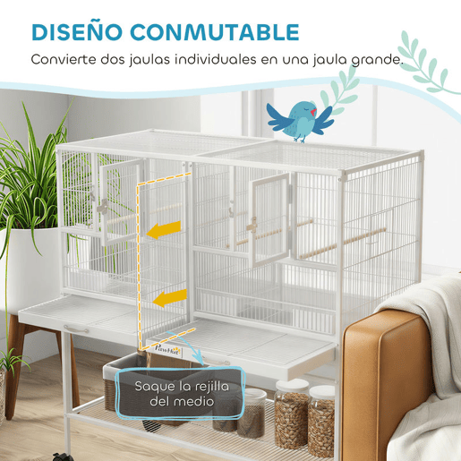 PawHut Gaiola para Pássaros Grande com Divisor Pássaro Doble com Rodas 4 Comedouros 4 Poleiros Prateleira 2 Bandejas Removíveis para Periquitos Agapornis Canários 95x45,5x102 cm Branco