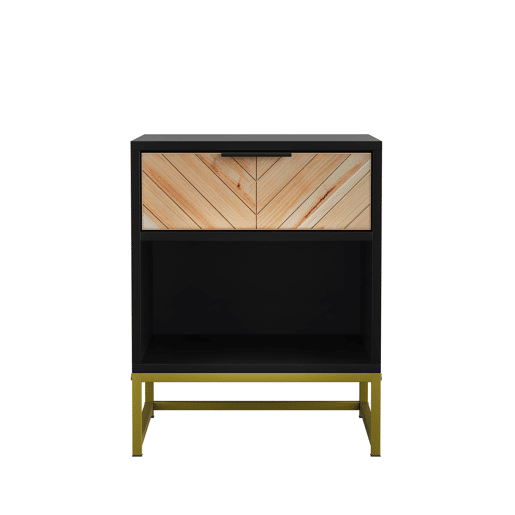Mesa de cabeceira 43x40x55 cm - 1 gaveta e prateleira aberta - Preto e Natural