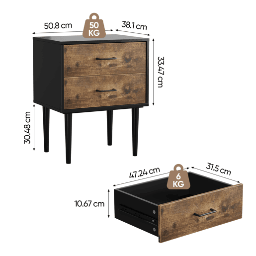Mesa de cabeceira 51x38x66 cm - 2 gavetas, estilo industrial - Castanho vintage