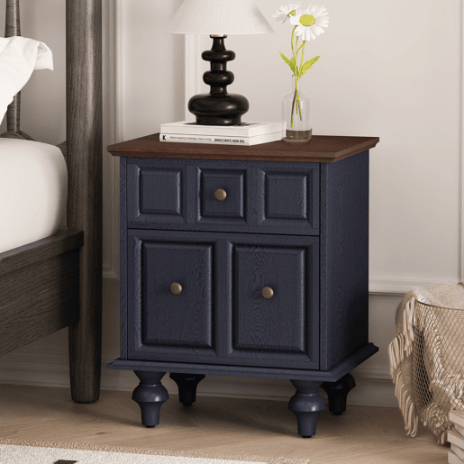 Mesa de cabeceira 52 cm - 2 gavetas, pés estilo coluna romana, madeira maciça - Azul escuro