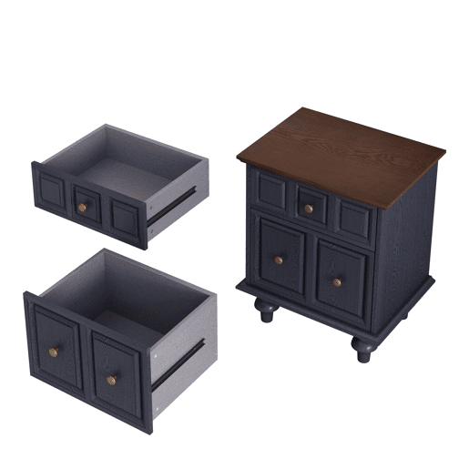 Mesa de cabeceira 52 cm - 2 gavetas, pés estilo coluna romana, madeira maciça - Azul escuro