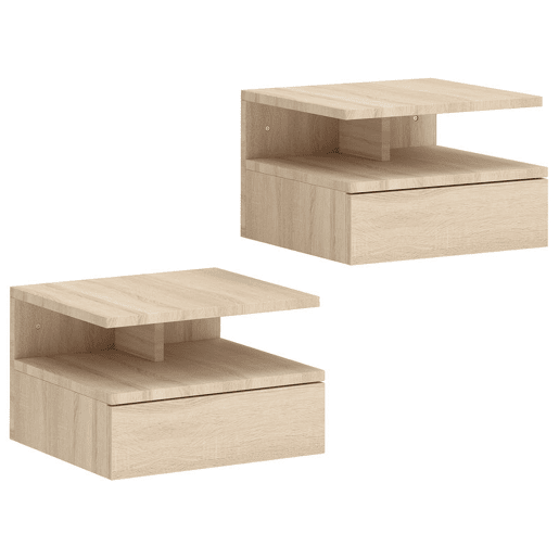 HOMCOM Conjunto de 2 Mesas de Cabeceira Suspensas com Gaveta Mesas de Cabeceira Modernas para Quarto Montagem na Parede 35x32x22,5 cm Carvalho