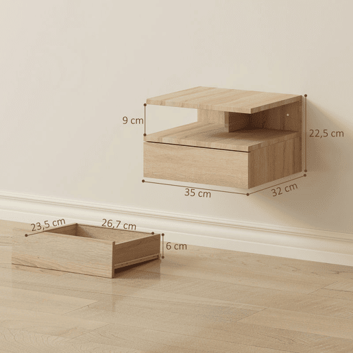 HOMCOM Conjunto de 2 Mesas de Cabeceira Suspensas com Gaveta Mesas de Cabeceira Modernas para Quarto Montagem na Parede 35x32x22,5 cm Carvalho