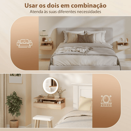 HOMCOM Conjunto de 2 Mesas de Cabeceira Suspensas com Gaveta Mesas de Cabeceira Modernas para Quarto Montagem na Parede 35x32x22,5 cm Carvalho