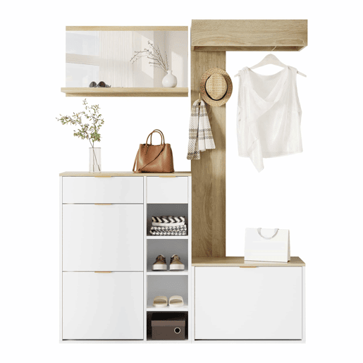 Conjunto de hall de entrada 130x30x174 cm - 4 peças com sapateira, banco, espelho e painel de parede - Natural+Branco