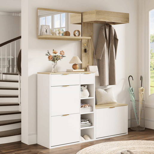 Conjunto de hall de entrada 130x30x174 cm - 4 peças com sapateira, banco, espelho e painel de parede - Natural+Branco