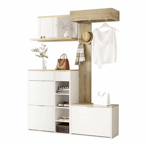 Conjunto de hall de entrada 130x30x174 cm - 4 peças com sapateira, banco, espelho e painel de parede - Natural+Branco