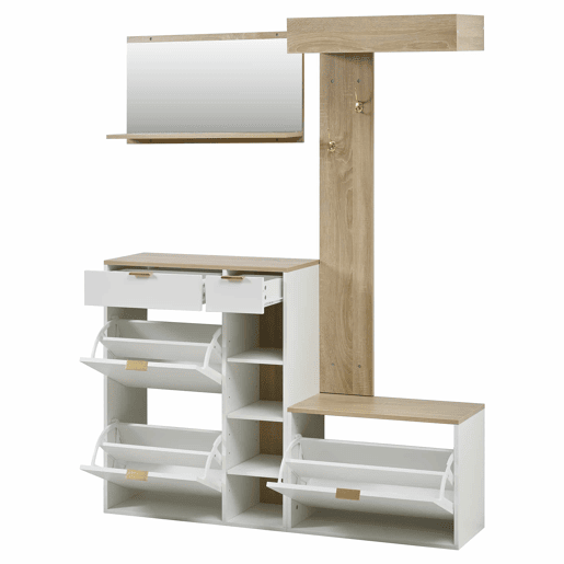 Conjunto de hall de entrada 130x30x174 cm - 4 peças com sapateira, banco, espelho e painel de parede - Natural+Branco