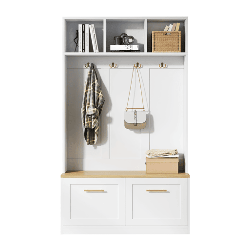 Armário compacto 105x40x180 cm - banco, arrumação aberta, 2 portas, 4 ganchos - Natural+Branco