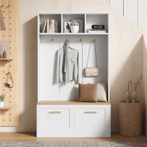 Armário compacto 105x40x180 cm - banco, arrumação aberta, 2 portas, 4 ganchos - Natural+Branco