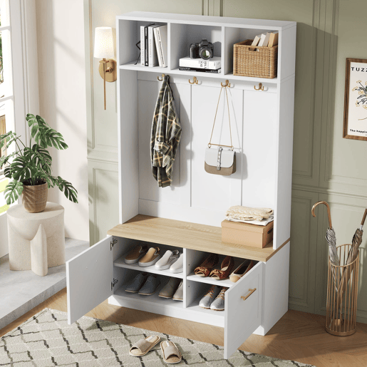 Armário compacto 105x40x180 cm - banco, arrumação aberta, 2 portas, 4 ganchos - Natural+Branco