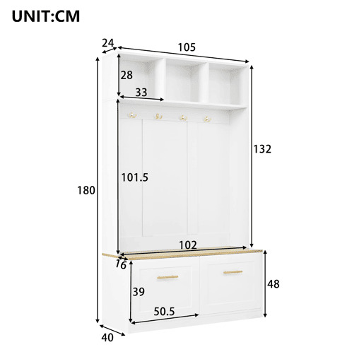 Armário compacto 105x40x180 cm - banco, arrumação aberta, 2 portas, 4 ganchos - Natural+Branco