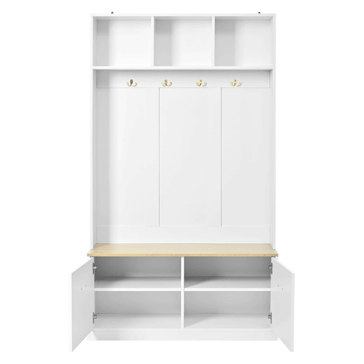 Armário compacto 105x40x180 cm - banco, arrumação aberta, 2 portas, 4 ganchos - Natural+Branco