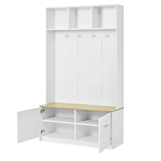 Armário compacto 105x40x180 cm - banco, arrumação aberta, 2 portas, 4 ganchos - Natural+Branco