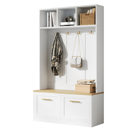 Armário compacto 105x40x180 cm - banco, arrumação aberta, 2 portas, 4 ganchos - Natural+Branco
