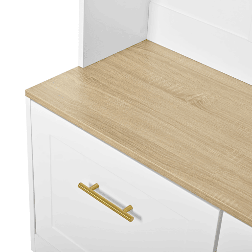 Armário compacto 105x40x180 cm - banco, arrumação aberta, 2 portas, 4 ganchos - Natural+Branco