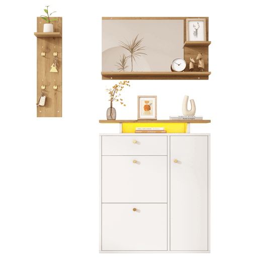 Conjunto de hall de entrada 105x25x151,5 cm - 3 peças com espelho, LED e ganchos - BrancoNatural