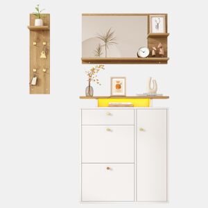 Conjunto de hall de entrada 105x25x151,5 cm - 3 peças com espelho, LED e ganchos - BrancoNatural