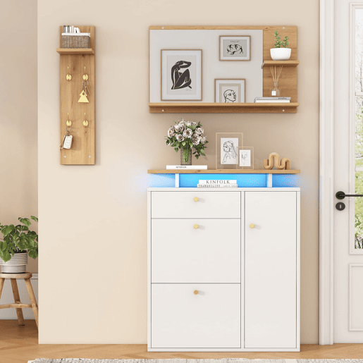 Conjunto de hall de entrada 105x25x151,5 cm - 3 peças com espelho, LED e ganchos - BrancoNatural