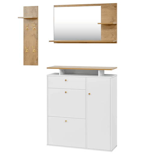 Conjunto de hall de entrada 105x25x151,5 cm - 3 peças com espelho, LED e ganchos - BrancoNatural
