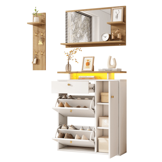 Conjunto de hall de entrada 105x25x151,5 cm - 3 peças com espelho, LED e ganchos - BrancoNatural