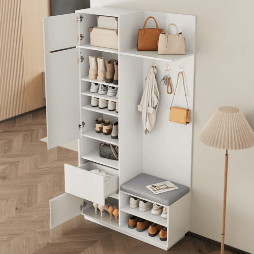 Roupeiro compacto 120x40x90 cm - Espelho, banco, sapateira e ganchos - Branco