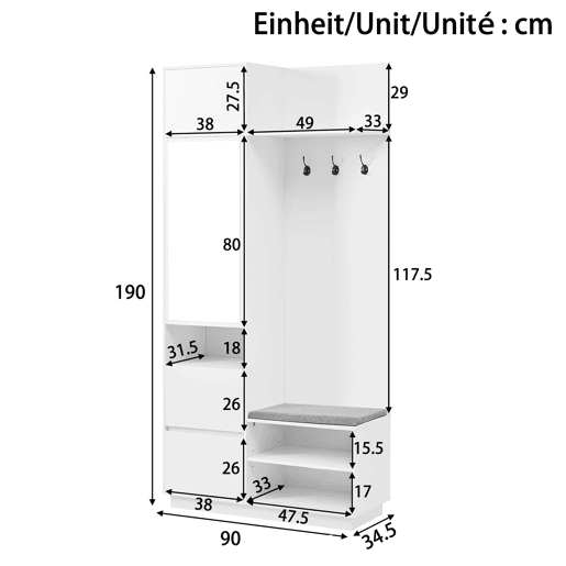 Roupeiro compacto 120x40x90 cm - Espelho, banco, sapateira e ganchos - Branco
