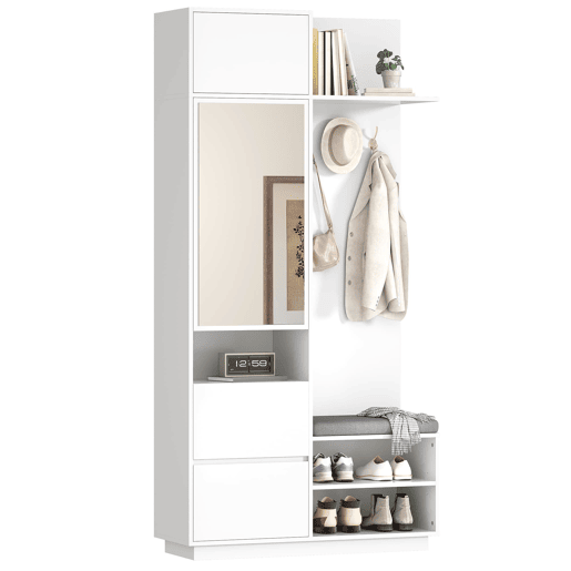 Roupeiro compacto 120x40x90 cm - Espelho, banco, sapateira e ganchos - Branco