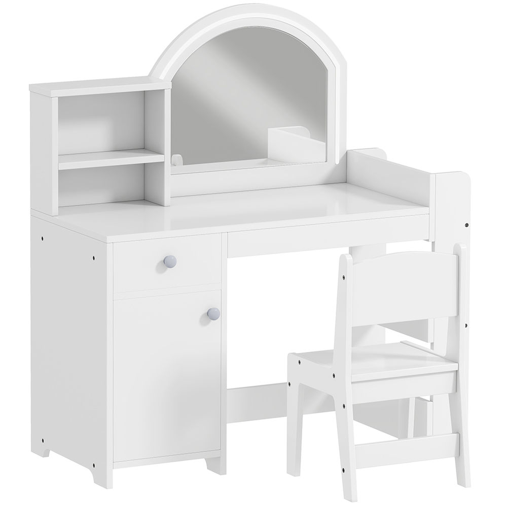 Aiyaplay tocador de maquillaje niña, tocador infantil con taburete y espejo con luces led, 1 cajón, armario y 5 estantes, para niños de 3 a 8 años, blanco