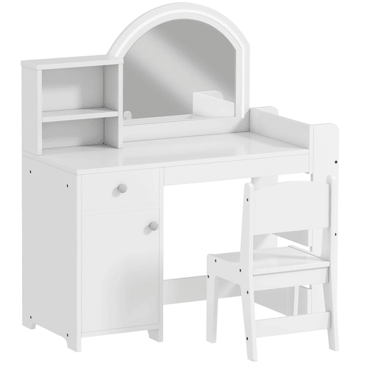 AIYAPLAY Toucador Infantil com Banqueta e Espelho com Luzes LED 1 Gaveta, Armário e 5 Prateleiras para Crianças de 3 a 8 Anos Branco