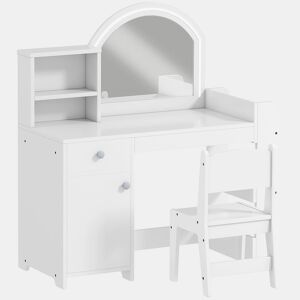 AIYAPLAY Toucador Infantil com Banqueta e Espelho com Luzes LED 1 Gaveta, Armário e 5 Prateleiras para Crianças de 3 a 8 Anos Branco