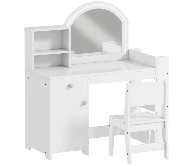 Aiyaplay tocador de maquillaje niña, tocador infantil con taburete y espejo con luces led, 1 cajón, armario y 5 estantes, para niños de 3 a 8 años, blanco