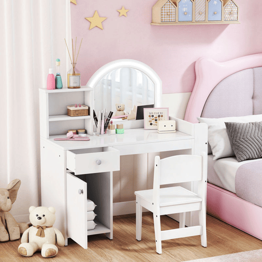 AIYAPLAY Toucador Infantil com Banqueta e Espelho com Luzes LED 1 Gaveta, Armário e 5 Prateleiras para Crianças de 3 a 8 Anos Branco
