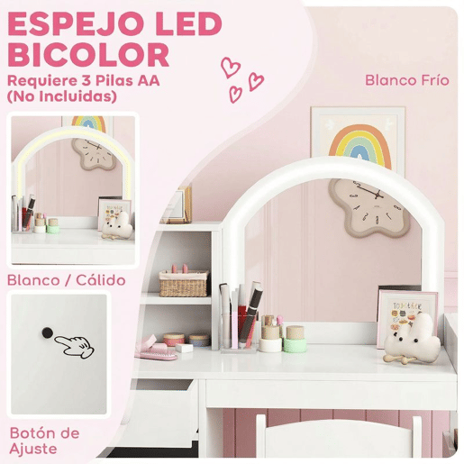 AIYAPLAY Toucador Infantil com Banqueta e Espelho com Luzes LED 1 Gaveta, Armário e 5 Prateleiras para Crianças de 3 a 8 Anos Branco