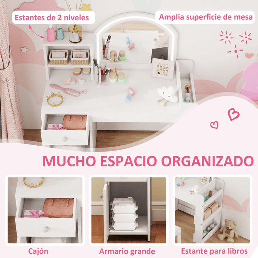 AIYAPLAY Toucador Infantil com Banqueta e Espelho com Luzes LED 1 Gaveta, Armário e 5 Prateleiras para Crianças de 3 a 8 Anos Branco