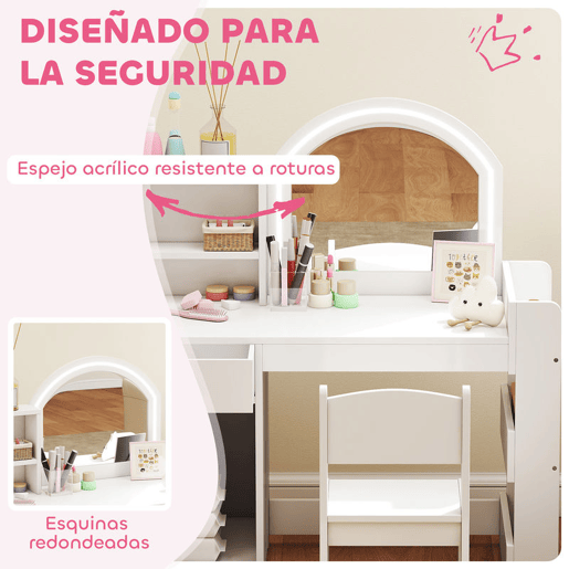 AIYAPLAY Toucador Infantil com Banqueta e Espelho com Luzes LED 1 Gaveta, Armário e 5 Prateleiras para Crianças de 3 a 8 Anos Branco
