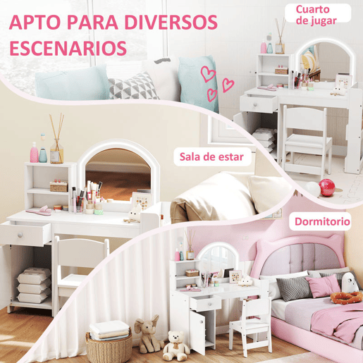 AIYAPLAY Toucador Infantil com Banqueta e Espelho com Luzes LED 1 Gaveta, Armário e 5 Prateleiras para Crianças de 3 a 8 Anos Branco