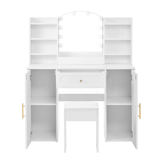 Tocador grande 110x40x132 cm - LED ajustável, espelho, banco, 1 gaveta, 2 portas - Branco
