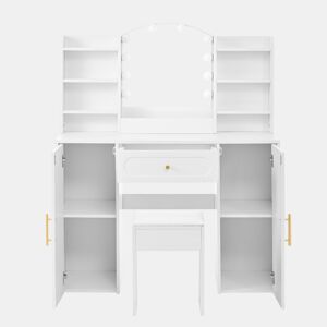 Tocador grande 110x40x132 cm - LED ajustável, espelho, banco, 1 gaveta, 2 portas - Branco