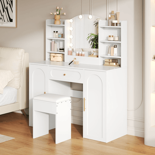 Tocador grande 110x40x132 cm - LED ajustável, espelho, banco, 1 gaveta, 2 portas - Branco