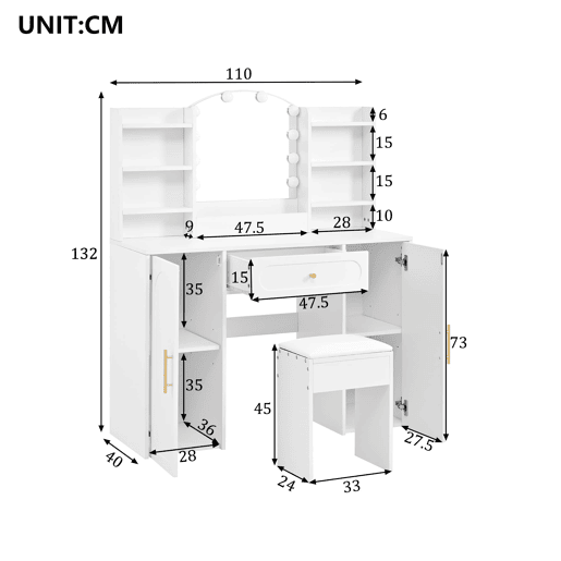 Tocador grande 110x40x132 cm - LED ajustável, espelho, banco, 1 gaveta, 2 portas - Branco