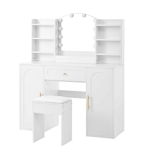 Tocador grande 110x40x132 cm - LED ajustável, espelho, banco, 1 gaveta, 2 portas - Branco