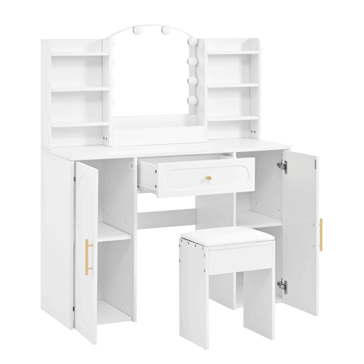 Tocador grande 110x40x132 cm - LED ajustável, espelho, banco, 1 gaveta, 2 portas - Branco